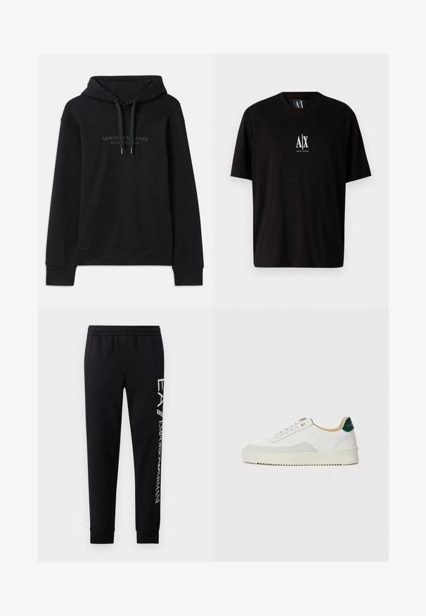 Sweat à capuche noir en tissu doux, avec un cordon de serrage à la capuche et des poignets côtelés. Logo brodé dans des tons sombres sur le devant.; T-shirt en coton noir à manches courtes, col rond, avec un petit logo blanc "A|X" centré sur la poitrine.; Pantalons de survêtement noirs en mélange de coton, dotés d'une taille élastique, de jambes fuselées, de poignets côtelés et d'un imprimé logo blanc sur le côté.; Baskets blanches avec des accents en daim, bout arrondi, lacets plats et semelle en caoutchouc crème. Présente une marque verte sur le talon.