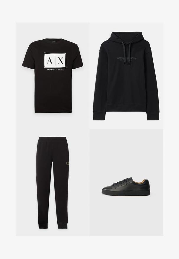 Sweat à capuche noir en tissu doux, avec un cordon de serrage à la capuche et des poignets côtelés. Logo brodé dans des tons sombres sur le devant.; T-shirt noir à manches courtes avec un logo rectangulaire blanc affichant "A | X" et le texte "Armani Exchange" centré sur la poitrine.; Pantalon de survêtement noir fuselé avec taille et poignets élastiques, avec un petit logo EA7 Emporio Armani sur la partie supérieure de la cuisse droite.; Baskets basses en cuir noir avec surface texturée, lacets noirs et semelle en caoutchouc épaisse, présentées de côté sur un fond clair.