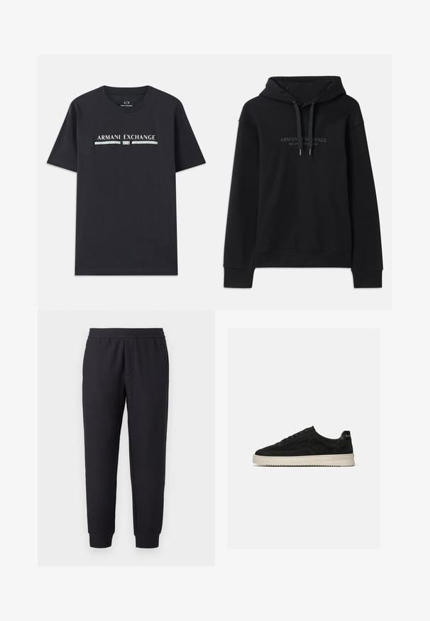 Sort hættetrøje lavet af blødt stof, med snoretræk i hætten og ribbede manchetter. Broderet logo i mørke nuancer på fronten.; Sort bomulds T-shirt med "Armani Exchange" logo og "1991" i hvid og lyseblå tekst på tværs af brystet. Korte ærmer, rund halsudskæring.; Sorte, tilspidsede joggingbukser med elastisk talje og buksekant, med et diskret tekstureret mønster og sidelommer.; Sort ruskind lav-sneaker med sorte snørebånd og hvid gummisål, sidevisning på ensartet lys grå baggrund.