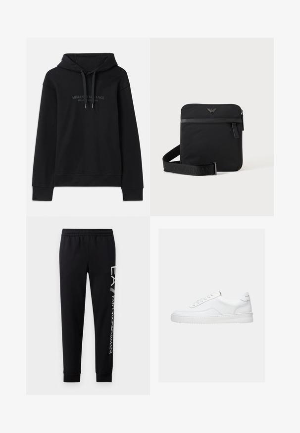 Schwarzer Hoodie aus weichem Material, mit einer verstellbaren Kapuze und gerippten Bündchen. Gesticktes Logo in dunklen Tönen auf der Vorderseite.; Schwarze Sweatpants aus Baumwollmischung mit elastischem Taillenbund, schmal zulaufenden Beinen, gerippten Bündchen und weißem Logo-Druck entlang der Seite.; Weißer Sneaker mit niedrigem Schaft, Schnürdesign, glattem Lederobermaterial und dicker Sohle, von der Seite auf einfachem Hintergrund gezeigt.; Schwarze quadratische Schultertasche mit Reißverschluss, Vordertasche und verstellbarem Riemen mit eingeprägtem Markennamen.