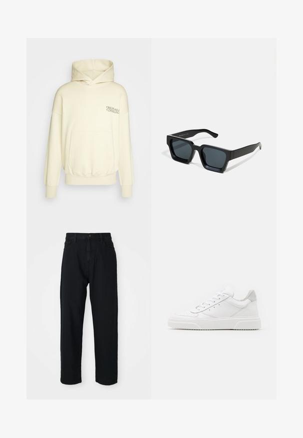 Hoodie in creme mit Kängurutasche, gerippten Bündchen und Saum. Mit dem Aufdruck "ORIGINALS CPH" auf der Brust.; Schwarze Jeans mit geradem Schnitt. Verfügt über ein klassisches Fünf-Taschen-Design, Knopfverschluss und subtile Stofftextur.; Weiße Leder-Sneaker mit glatter Oberfläche, rundem Zehenbereich, flachen Schnürsenkeln und strukturiertem Schuhsohlen. Graues Wildleder-Detail an der Ferse.; Schwarze rechteckige Sonnenbrillen mit dunklen Gläsern. Dickes, glattes Kunststoffgestell mit leicht glänzender Oberfläche und geraden Bügeln.