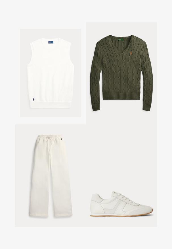 Olivovo zelený pletený sveter s výstrihom do V, dlhými rukávmi a malým oranžovým logom Polo Ralph Lauren na hrudi.; Biely tielkový top z mäkkého materiálu, s rebrovaným výstrihom a lemom. Malé námornícke logo vyšívané v dolnom ľavom rohu.; Biele široké tepláky s elastickým pásom, šnúrkou, bočnými vreckami a malým námorníckym logom pri pravom vrecku.; Biela nízka teniska so šnurovaním vpredu, zsemišovými a koženými panelmi a svetlohnedou gumovou podrážkou na bielom pozadí.