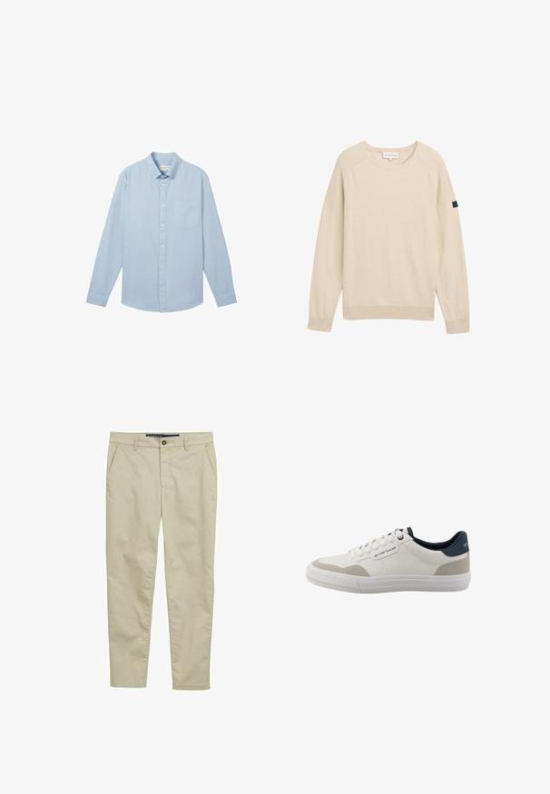 Beige sweater med rund hals, lange raglanærmer, ribbede manchetter og kant samt en lille sort logopatch på venstre ærme.; Lyseblå langærmet skjorte lavet af stof med et struktureret mønster, med en button-down krave og en enkelt brystlomme.; Beige chinos lavet af letvægtsstof, med flad front, to sidelommer og knaplukning, i en slank, lige ben-design.; Hvid lavtop-sneakers med beige accenter, navy hælkant, hvide snørebånd og gummisål, med Tom Tailor-logo på siden og bagpå.