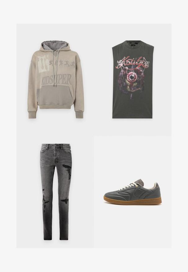 Sweat à capuche beige délavé avec une grande impression graphique, doté d'une poche et de cordons de serrage ajustables. L'intérieur est gris, avec des poignets côtelés.; Débardeur gris foncé avec un graphisme représentant un grand œil, des ailes, un serpent et le texte "Ksubi" en police rouge stylisée sur la poitrine.; Jean en denim noir avec des détails déchirés, présentant une coupe slim, cinq poches et une fermeture éclair classique. Apparence usée avec des zones décolorées.; Baskets en cuir gris foncé avec un bout arrondi, lacets blancs, semelle en caoutchouc beige et légers accents en tissu gris au niveau du col. Détail du logo doré.