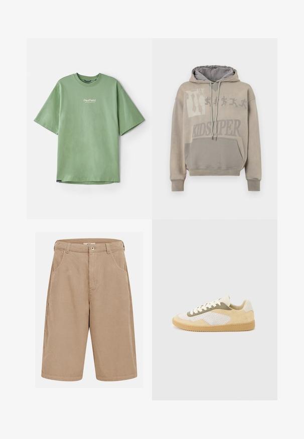 Verbleekte beige hoodie met een grote grafische print, voorzien van een zak en verstelbare trekkoorden. De binnenkant is grijs, met geribbelde manchetten.; Groen T-shirt met korte mouwen, gemaakt van katoen, met een ronde hals en een klein wit logo op de borst. Soepele textuur, ontspannen pasvorm.; Beige corduroy knielange korte broek met riemlussen, steekzakken aan de voorkant en een knoopsluiting.; Lage sneaker van beige suède, witte mesh panelen, olijfkleurige accenten, witte veters en een zool van kauwgomrubber op een lichtgrijze achtergrond.