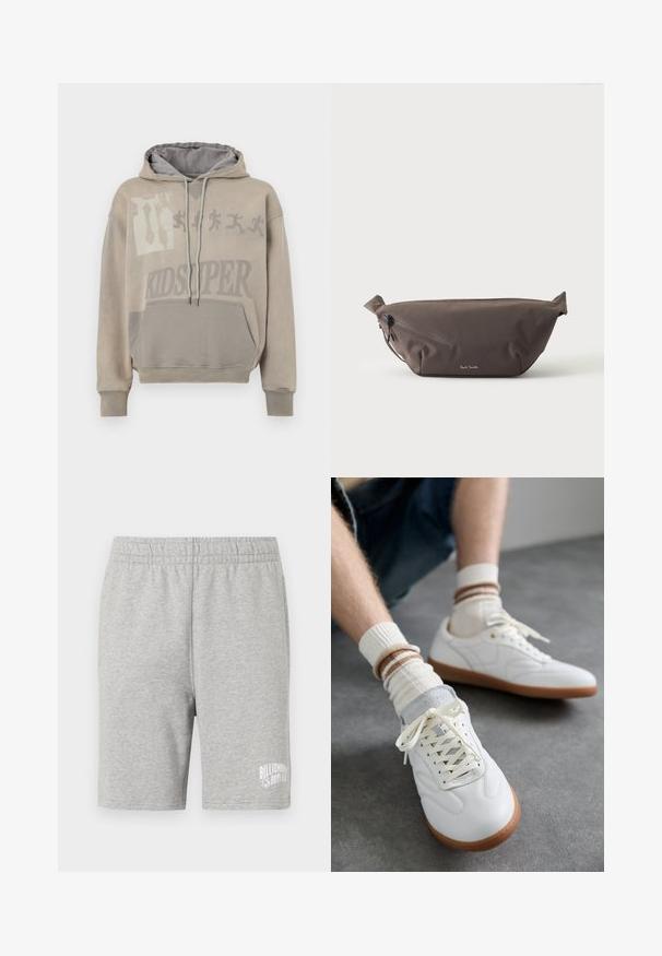 Verblasster beiger Hoodie mit großem Grafikdruck, ausgestattet mit einer Tasche und verstellbaren Kordeln. Innen ist er grau, mit gerippten Bündchen.; Graue Baumwollshorts mit einem elastischen Bund und einem weißen Logo auf der unteren rechten Seite. Weicher Stoff, knielanger Schnitt.; Weiße Ledersneaker mit glatter Textur, grauen Wildlederelementen, beigen Gummisohlen und flachen Schnürsenkeln. Kombiniert mit cremefarbenen und braun gestreiften Socken.; Dunkelbraune Stoff-Gürteltasche mit diagonalem Reißverschlussfach und kleinem weißen Logo vorne, vor einem einfarbigen hellen Hintergrund.