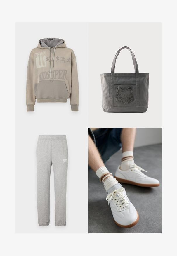 Sudadera con capucha en beige descolorido con un gran estampado gráfico, que incluye un bolsillo y cordones ajustables. El interior es gris, con puños acanalados.; Pantalones de chándal grises de algodón con una cintura elástica y piernas ajustadas. Presenta un logo blanco en el muslo izquierdo. Textura suave.; Zapatillas de cuero blanco con una textura suave, detalles en gamuza gris, suelas de goma beige y cordones planos. Combinadas con calcetines a rayas en tonos crema y marrón.; Bolsa de lona gris con dos asas y un bolsillo delantero que presenta un diseño de cabeza de lobo bordado.