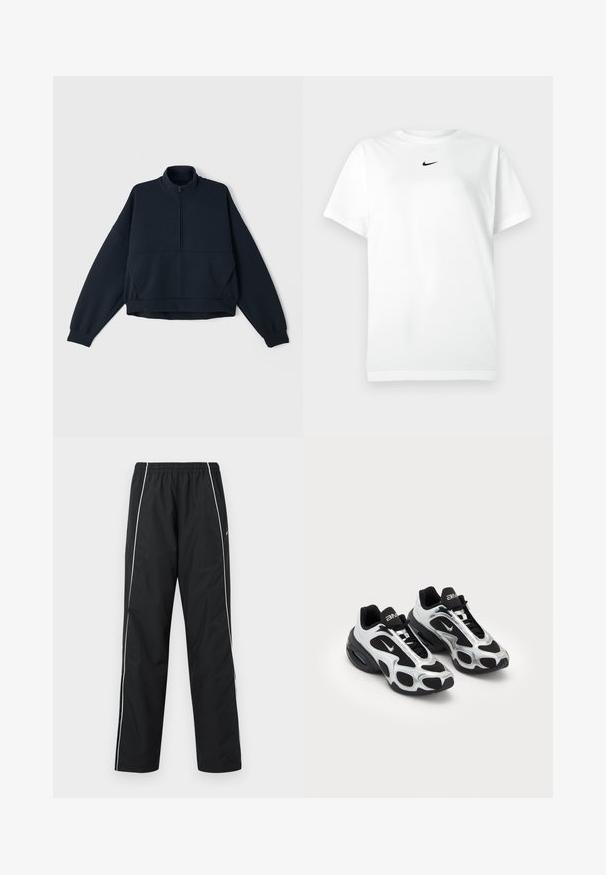 Sudadera de repuesto de color navy con un alto cuello, cierre de media cremallera en la parte delantera y hombros caídos. Tejido suave y texturizado con puños elásticos y dobladillo.; Camiseta de manga corta blanca con cuello redondo y pequeño logo de Nike en negro centrado debajo del escote.; Pantalones deportivos negros con rayas blancas laterales, cintura elástica y logo de Nike en el muslo derecho, mostrados sobre un fondo blanco.; Zapatos deportivos negros y plateados con parte superior de malla y sintético, que presentan un diseño ondulante distintivo y un collar acolchado, con amortiguación de aire en la suela.