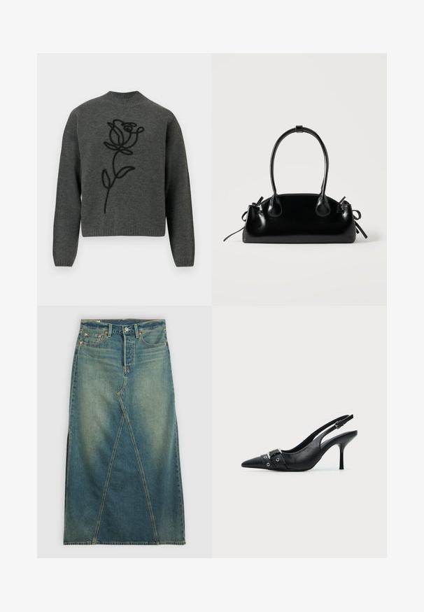 Mørkegrå langærmet strikket sweater med høj hals og sort broderet rosemønster i midten på forsiden.; Denim nederdel med høj talje i mellemblå. Har en markant frontnaht, sideskår og standard fem-lomme design.; Sort læder højhælet sko med spidst tåparti, slingback og rem med spænde og nitter foran.; Lille sort blank håndtaske med to lange håndtag og snøre-detaljer i siden på en ensfarvet lys baggrund.