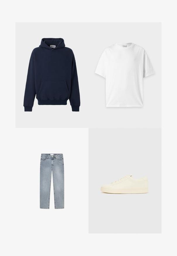 Marineblå hættetrøje med kængurulomme foran, lange ærmer, ribkanter og -manchetter, vist på en ensfarvet lys baggrund.; Almindelig hvid kortærmet t-shirt med rund hals lagt fladt på en lysegrå baggrund.; Lyseblå denimjeans med lige pasform, fem-pocket design, knaplukning, subtilt slid og syet detaljer langs lommerne.; Sneaker i cremefarve med en glat læderoverdel, rundet tå, snørelukning foran og en tekstureret gummisål. Minimalistisk design uden logoer.