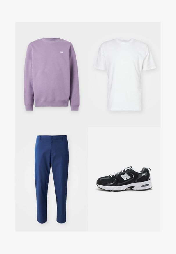Lavendelfarvet crewneck-sweatshirt med lange ærmer og et lille hvidt New Balance-logo på øverste venstre bryst.; Hvid bomulds T-shirt med korte ærmer, rund halsudskæring og en glat tekstur. Enkel design uden mønstre eller grafik.; Mørkeblå chinos med en glat tekstur, en knaplukning i taljen og sidelommer, der har et skræddersyet fit og cropped længde.; Sorte og grå sportssko med mesh og ruskind på overdelen, der har en hvid mellemsål, snørebånd og et iøjnefaldende "N" logo på siden.