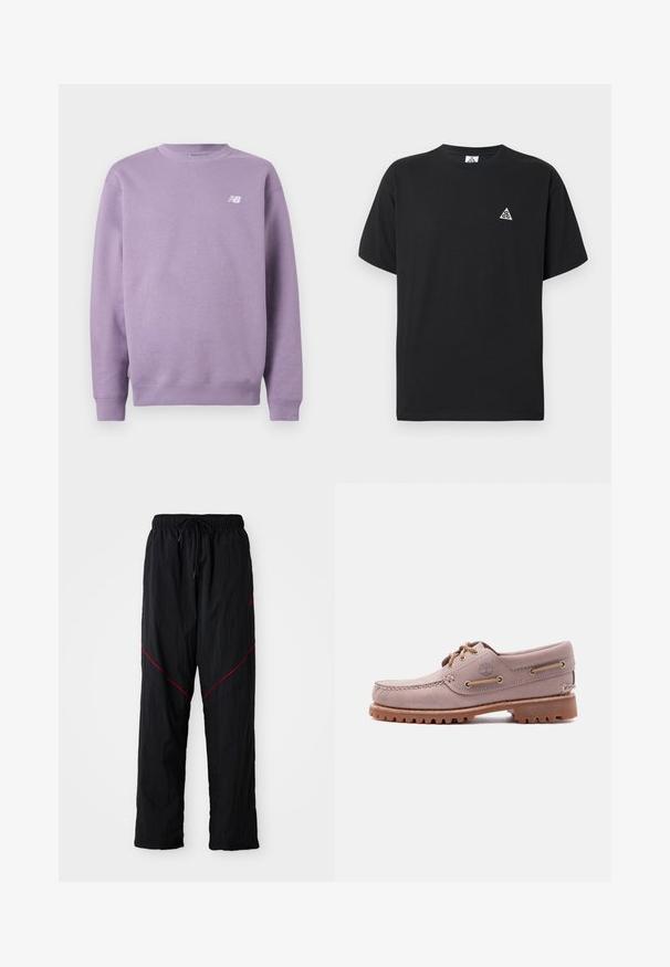 Lavendli värvi pikkade varrukatega ümmarguse kaelusega pusa, millel on vasakul ülahuulel väike valge New Balance'i logo.; Must must lühikeste varrukatega T-särk väikese valge kolmnurkse logoga vasakul rinnal.; Mustad mustas sportlikud püksid tekstureeritud viimistlusega, millel on paelael, punased rõhutruud ja avar lõige.; Helepruun nahast paatjalats mokkinga õmblustega, nahast nauade, Timberlandi logoga ja tugevast kummist tallaga, valgel taustal esitletud.