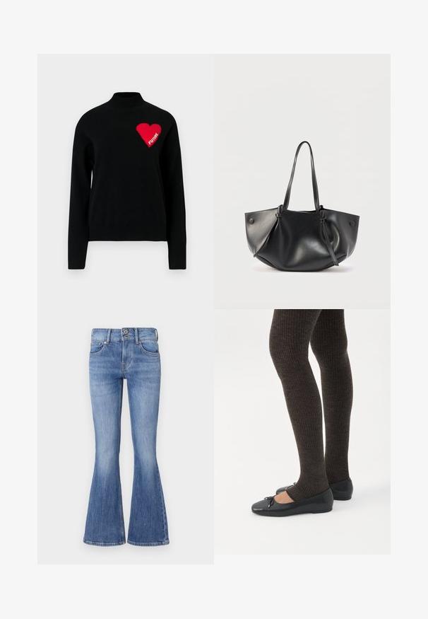 Un pull noir à col haut, arborant un cœur rouge et le mot "FUTURE" en tricot blanc sur le côté gauche. Texture lisse.; Jean en denim bleu évasé avec une taille mi-haute, cinq poches et un lavage clair. Présente un léger décoloration et des coutures contrastées.; Jambes portant des leggings côtelés foncés associés à des ballerines noires avec de petits détails en nœud sur fond blanc.; Sac à bandoulière en cuir noir avec deux longues anses, une forme arrondie et souple, et des détails à boutons de chaque côté.