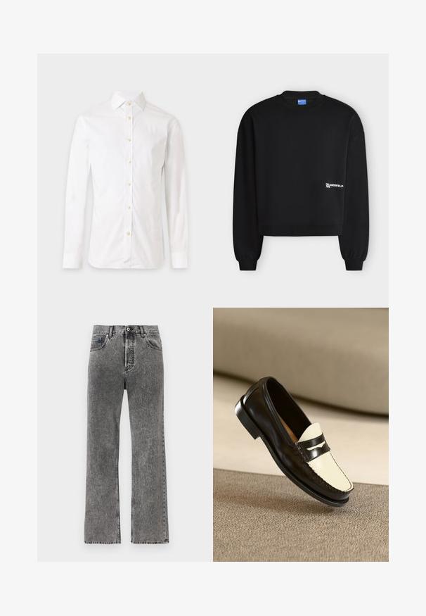 Sort langærmet crewneck-sweatshirt med ribstrikkede manchetter og kant, med lille hvid "Karl Lagerfeld Jeans"-logo på nederste højre forside.; Hvid langærmet skjorte med knapper og krave, vist på en ensfarvet lys baggrund.; Sorte, vaske-dæmpede denimjeans med lige ben, frontknap og lynlås, bæltestropper og fem-lomme design.; Sort læderloafer med en cremefarvet vamp og sorte accentstriber, som har en lav hæl og detaljeret syning langs kanterne.