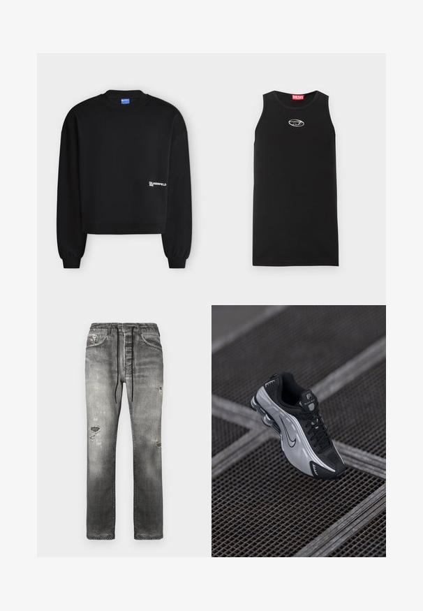 Zwart sweatshirt met lange mouwen en ronde hals, met geribde boorden en zoom, met klein wit "Karl Lagerfeld Jeans"-logo aan de onderkant rechtvoor.; Zwarte mouwloze tanktop van katoen. Heeft een ronde halslijn en een klein wit Diesel-logo op de borst. Gladde textuur.; Grijze spijkerbroek met een ontspannen pasvorm, voorzien van vervaagde plekken, versleten details en een tailleband met trekkoord voor verstelbaar comfort.; Nike sportieve schoen met een zwart en zilver ontwerp. Gemaakt van synthetisch materiaal met gaasaccenten en een ondersteunende zool met zichtbare luchtvering.