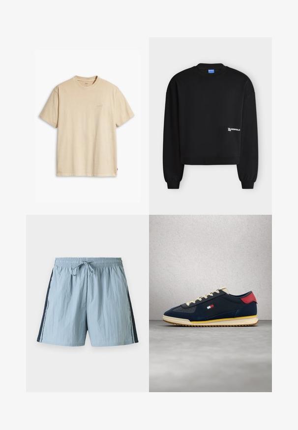Sort langærmet crewneck-sweatshirt med ribstrikkede manchetter og kant, med lille hvid "Karl Lagerfeld Jeans"-logo på nederste højre forside.; Beige bomulds t-shirt med rund hals og korte ærmer. Har et subtilt "Levi's" logo i samme farve på brystet. Blød tekstur.; Lyseblå svømmedragt med elastisk talje og snor. Har marineblå sidepaneler og hvide kanter langs siderne. Letvægtsstof.; Marineblå sneaker med cremefarvede snørebånd, rød hælflap, gul stribe over hvid sål og lille flaglogo på mesh sidepanel, der flyder over grå gulv.