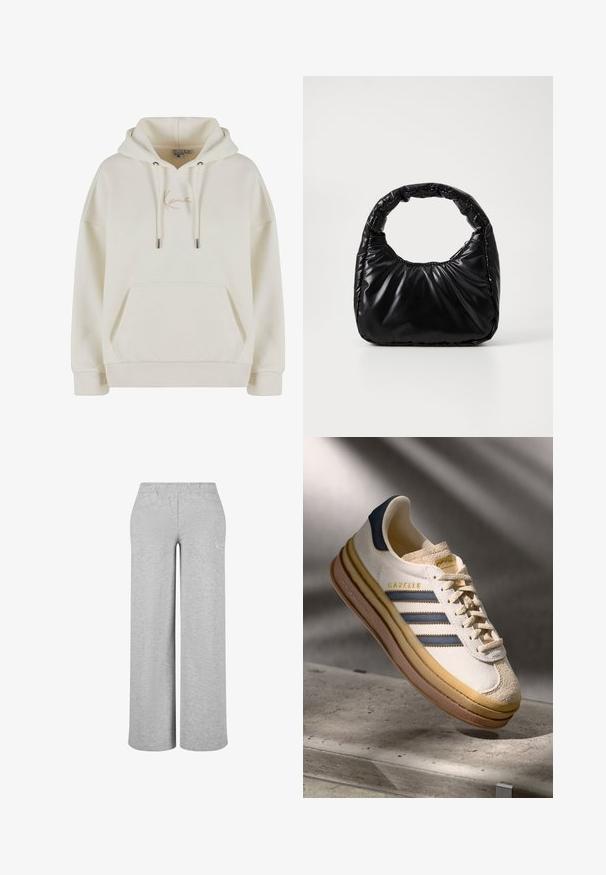 Creme hoodie med snoretræk og en frontlomme. Har broderet logo i beige. Fremstillet af blødt, struktureret stof.; Lys grå, brede bukser lavet af blødt stof med elastisk talje. Har et enkelt design uden synlig hardware eller mønstre.; Adidas Gazelle sneaker med en creme farvet ruskindsoverdel, blå læderdetaljer, tre blå striber, beige mellemsål og brune gummisål.; Sort polstret håndtaske med et rundt håndtag, der har en glat, skinnende overflade og en blød, kviltet tekstur. Ingen synlige hardware eller accenter.