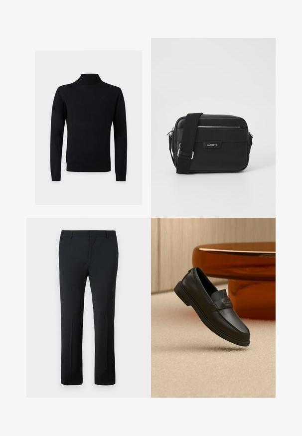 Suéter negro de cuello alto de manga larga con cuello, puños y dobladillo acanalados, mostrado sobre un fondo claro y liso.; Pantalones tailored negros con una textura suave, diseño de pierna recta, cintura segura y sin patrones o adornos visibles.; Zapato negro de cuero sin cordones con detalles cosidos, cuello elevado y suela de goma plana, situado sobre una superficie beige suave.; Bolso mensajero negro con material sintético texturizado, herrajes plateados, correa ajustable, con placa de logo frontal y cierre de cremallera.