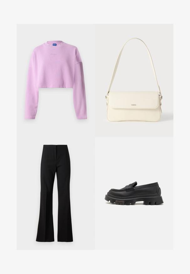 Lyse lilla cropped sweatshirt med lange ærmer, ribbet halsudskæring og broderet logo på forsiden. Fremstillet af blødt, tekstureret stof.; Sorte svingbukser lavet af et glat stof, med højtaljet talje, forreste folder og en ren finish ved sømmene.; Sorte læder loafers med en kraftig gummisåle med godt greb, stiksyninger og et frontbånd. Brandnavnet "HUGO" prentet på siden.; Cremefarvet læder skuldertaske med flaplukning, sølvfarvet beslag, en enkelt justerbar rem og diskrete logodetaljer.