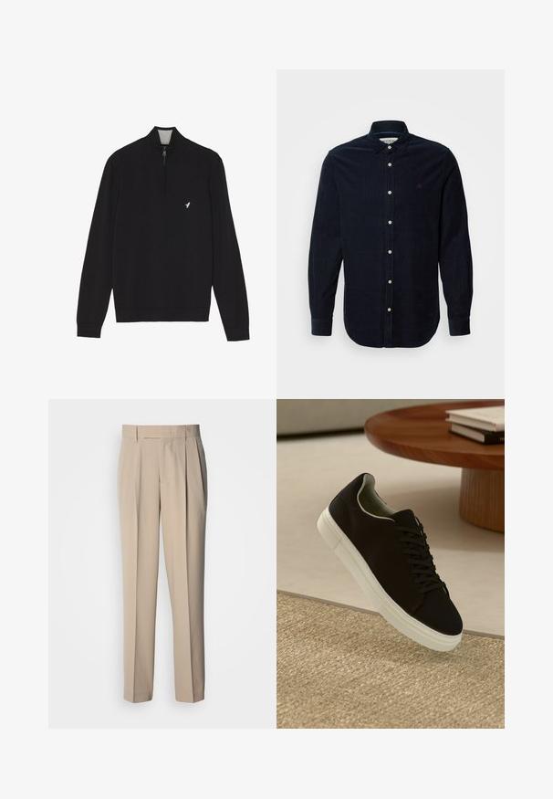 Zwarte trui met lange mouwen, een kwart-ritssluiting bij de kraag en een klein wit vogellogo op de linkerborst.; Marineblauwe corduroy overhemd met lange mouwen, button-down kraag en knoopsluiting aan de voorkant. Heeft een klein geborduurd logo op de borst.; Beige, hooggetailleerde geplooide broek met een rechte pasvorm, met een gladde textuur zonder zichtbare versieringen of patronen.; Zwarte sneaker met witte zool die boven een beige gestructureerd tapijt zweeft, nabij een ronde houten tafel met gestapelde boeken.