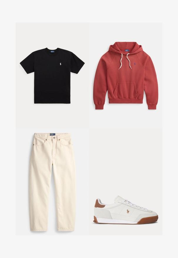 Rød hættetrøje med frontlomme, hvid snor og blåt logo. Har ribkant forneden og ved ærmerne, lavet af blødt, struktureret stof.; Sort T-shirt med korte ærmer og rund halsudskæring med lille hvidt broderet Polo Ralph Lauren-logo på venstre bryst.; Jeans i cremefarve lavet af denim med lige ben, forlommer og detaljer med overlock-syning. Lukning med metalknap og lynlås.; Hvid sneaker med lavt skaft med brune ruskindsdetaljer ved hæl og tå, hvide snørebånd og et lille brunt broderet logo på siden.