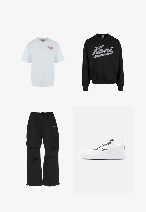 Schwarzer Sweatshirt mit Rundhalsausschnitt, langen Ärmeln und gerippten Bündchen. Verziert mit weißem, gemustertem Text "Kani" auf der Vorderseite. Material aus Baumwollmischung.; Weißes Baumwoll-T-Shirt mit Rundhalsausschnitt, kurzen Ärmeln und einem bunten Grafik-Patch auf der linken Brust, das Text und Muster zeigt.; Schwarze Cargo-Hosen aus leichtem Material, mit elastischem Bund und Kordelzug, seitlichen Taschen und verstellbaren Bündchen.; Weiße Leder Sneaker mit schwarzen Akzenten, versehen mit einem charakteristischen Logo an der Seite, runder Zehenform und strukturiertem Gummisohle.
