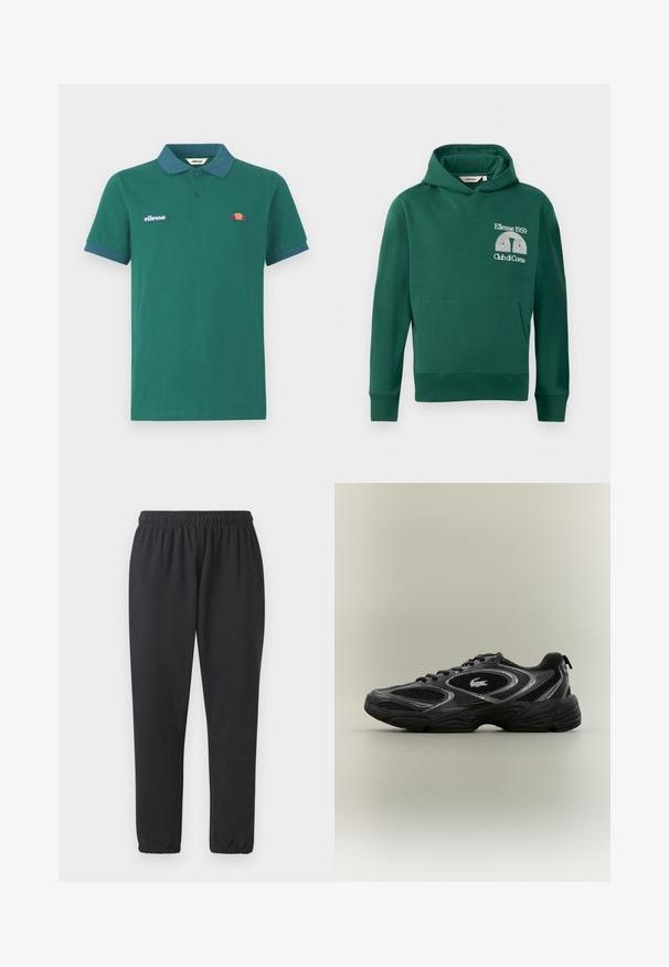 Groene hoodie van een katoenmix, met een voorvak in kangoeroestijl en een geborduurd logo met de tekst "Ellesse 1959" en "Club di Corsa".; Groene polo shirt van katoen met een contrasterende blauwe kraag en manchetten. Heeft een geborduurd logo en een klein kleurrijk ontwerp op de borst.; Zwarte sportbroek gemaakt van zachte stof, met een elastische tailleband, zijzakken en taps toelopende broekspijpen met geribbelde boorden.; Zwarte en grijze sport sneaker met meshpanelen, vetersluiting, dikke zool en een klein krokodillologo aan de zijkant.