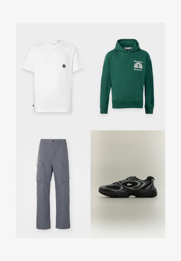 Grøn hættejakke lavet af en bomuldsblanding, med en frontkangaroo lomme og broderet logo med teksten "Ellesse 1959" og "Club di Corsa".; Hvid bomulds T-shirt med rund halsudskæring, korte ærmer og en brystlomme med en sort logopatch. Glat tekstur, løs pasform.; Grå cargo-bukser lavet af holdbart stof. Funktioner inkluderer en elastisk talje, to store sidelommer og en lige benudskæring.; Sort og grå atletisk sneaker med mesh-paneler, snørebåndsdesign, tyk sål og et lille krokodillelogo på siden.