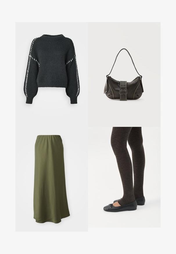 Vero Moda VMFENG O NECK - Džemper - asphalt; Oliiviroheline, pahklaiuse seelik, mis on valmistatud pehmest kangast ja millel on elastne vöökoht; sile tekstuur ja lihtne, voolav disain.; Jalad seljas tumedad soonelises soonelises kombines mustade baleriinadega, millel on väikesed paelade detailid valgel taustal.; Mustast nahast õlakott pandlanööriga detailiga, kõverate servade ja kontrastse valge õmblusega tavalise tausta peal.