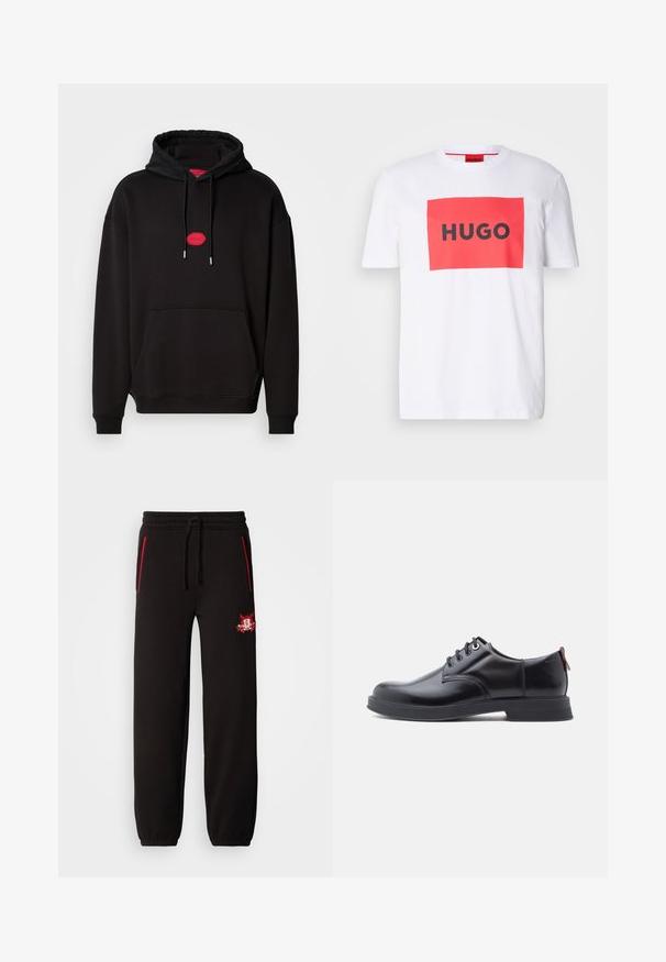 Sort hættejakke lavet af bomuldsblandingsstof, med et rødt rundt logo på brystet, snorhætte og frontlomme.; Hvid bomulds t-shirt med en rød rektangulær grafik og fed sort tekst "HUGO" i midten. Korte ærmer, rund hals design.; Sorte sweatpants med elastisk talje, røde accent lynlåse og et fremtrædende broderet logo på venstre lår. Glat tekstur, tætsiddende fit.; Sorte snørestøvler i læder med glat tekstur, rundet tå og diskrete syningsdetaljer. Har en rød trækflig på hælen.