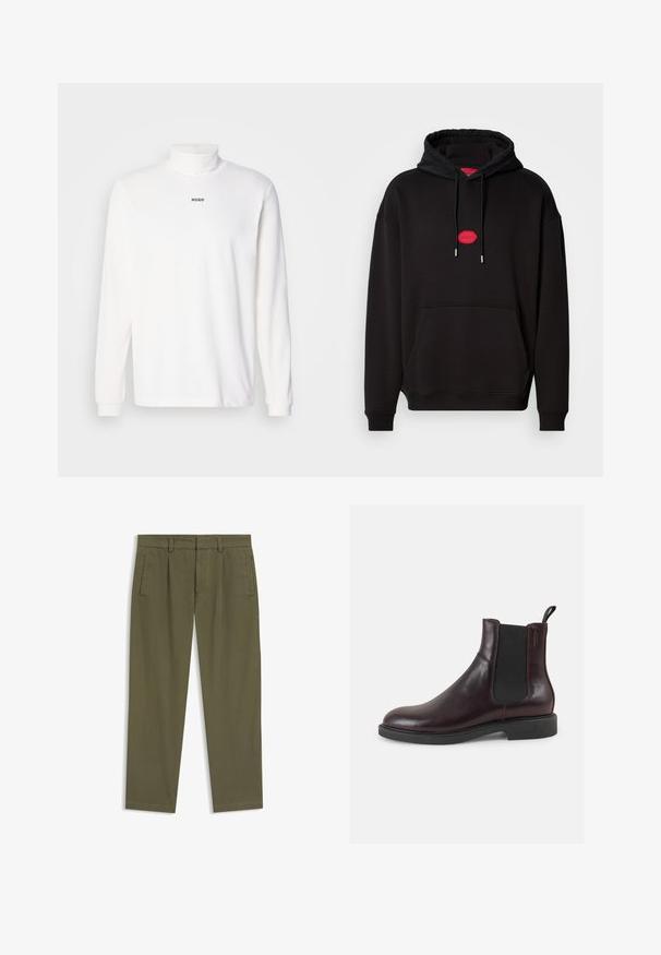 Sudadera negra hecha de una mezcla de algodón, con un logo circular rojo en el pecho, capucha con cordón y bolsillo frontal.; Camisa de cuello alto de manga larga blanca, hecha de una tela suave, con un sutil logo negro "HUGO" en la parte delantera y puños ajustados.; Pantalones ajustados para hombre de color verde oliva con trabillas para cinturón, bolsillos laterales con abertura y pinzas delanteras, mostrados planos sobre un fondo blanco.; Bota Chelsea de cuero marrón con paneles elásticos laterales, punta redondeada, suela de goma negra y una lengüeta para facilitar su uso.