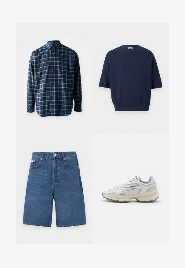 Sweatshirt bleu marine à manches courtes avec col rond, ourlet côtelé et petit logo sombre sur le côté gauche de la poitrine.; Chemise à carreaux bleue et noire en coton, avec un devant à boutons, des manches longues et une poche sur la poitrine. Tissu texturé.; Short en denim bleu clair avec fermeture éclair devant, bouton, passants de ceinture et cinq poches, présenté sur fond blanc uni.; Baskets de sport blanches avec des accents gris, tige en maille et synthétique, design à lacets et semelle en caoutchouc texturée avec motifs de traction.