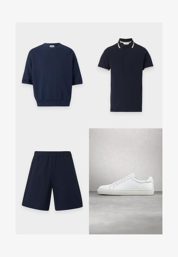 Sweatshirt bleu marine à manches courtes avec col rond, ourlet côtelé et petit logo sombre sur le côté gauche de la poitrine.; Polo bleu marine à manches courtes avec deux boutons noirs et des rayures beige et blanches sur le col et les bords des manches.; Shorts décontractés bleu marine avec une taille élastique et une coupe droite, présentés sur un fond blanc uni.; Sneaker blanche avec une tige en cuir lisse et un profil bas. Présente un bout arrondi, six œillets et une semelle en caoutchouc texturé.