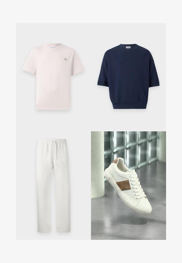 Marineblauw sweatshirt met korte mouwen en ronde hals, voorzien van een geribbelde zoom en een klein donker logo op de linkerborst.; Lichtroze katoenen t-shirt met een ronde hals, korte mouwen en een geborduurd Lacoste-logo in het groen op de borst. Zachte textuur.; Witte sweatpants van zacht materiaal, met een elastische tailleband en een trekkoord, rechte pijpen en zonder zichtbare patronen of accenten.; Witte lage sneaker met beige patroon aan de zijkant en hielpatch, witte veters, zwevend boven een grijze vloer in een moderne binnenomgeving.