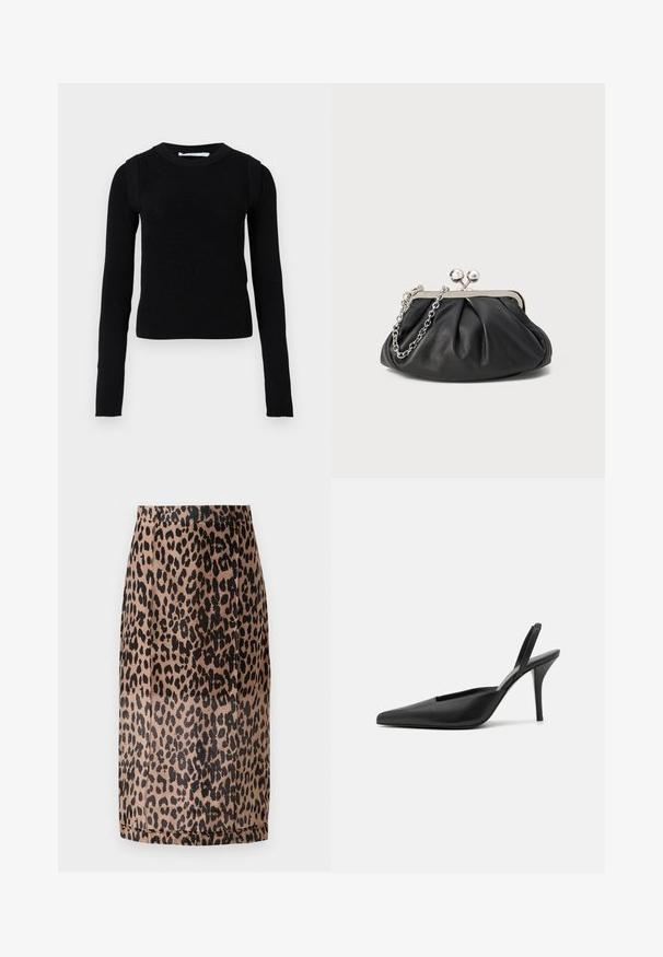 Sort strikket sweater med lange ærmer, rund hals og strukturerede ribbet detaljer på skuldrene. Enkel design uden mønstre.; Leopardmønstret blyantskirt i beige og sort. Glat stof, tætsiddende design med knælang skæring og en skjult talje. Ingen synlige lukninger.; Sorte slingback høje sko med spidse tæer, glat lædermateriale og et elegant, minimalistisk design. Høj stiletto hæl.; Sort læder clutch med samlet tekstur, sølvfarvet metalramme, kys-lås lukning og kædestrop. Glat, blød overflade.