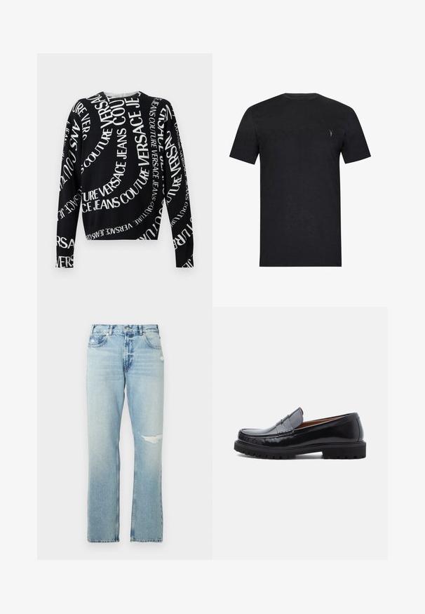 Musta pitkähihaisen neule, jossa valkoiset "Versace Jeans Couture" -tekstit ovat kiemurtelevasti vinosti painettuina kankaalle.; Musta puuvillainen T-paita, jossa on lyhyet hihat, pyöreä kaula-aukko ja pieni brodeeraus vasemmalla rintakehässä. Sileä rakenne.; Vaaleansiniset farkut suoran lahkeen muotoilulla, joissa on hieman kulutettu ilme ja korkea vyötärö. Sisältää viisi taskua ja metalliosia.; Mustat nahkaiset penny loafer -kengät vaalealla kumipohjalla ja mokkanahkasaumalla, esiteltynä profiilissa valkoista taustaa vasten.