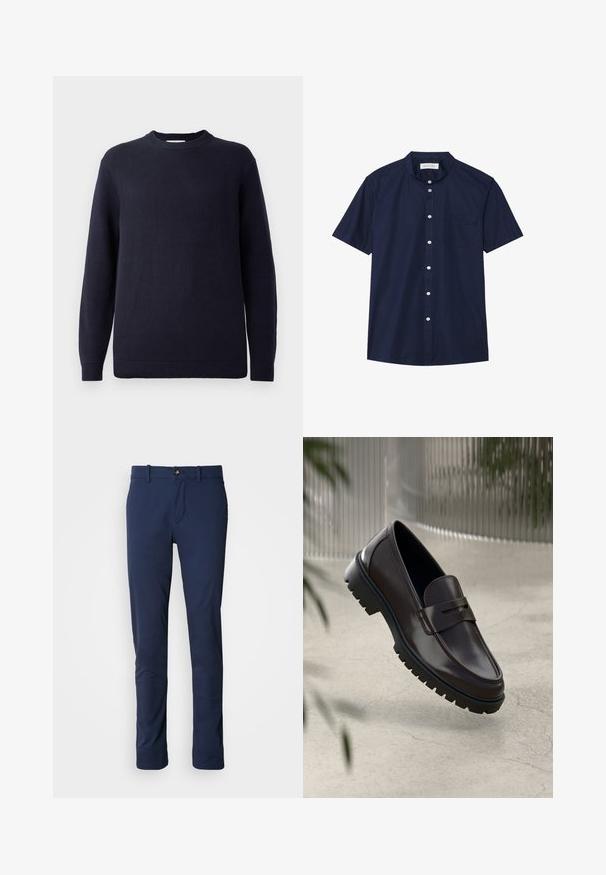 Pull en maille bleu marine avec un col rond, des poignets et un ourlet côtelés. Présente un motif texturé sur l'ensemble du tissu.; Chemise à manches courtes en tissu uni bleu marine, avec un col mandarin, une poche poitrine unique et une texture de tissu lisse. Les boutons blancs ajoutent un contraste.; Pantalon bleu marine en tissu lisse, avec un design à jambes droites, une fermeture éclair et une poche avant unique avec une fermeture à bouton.; Mocassins en cuir marron avec une semelle en caoutchouc texturée et striée. Présente un design épuré et une sangle décorative sur le cou-de-pied.
