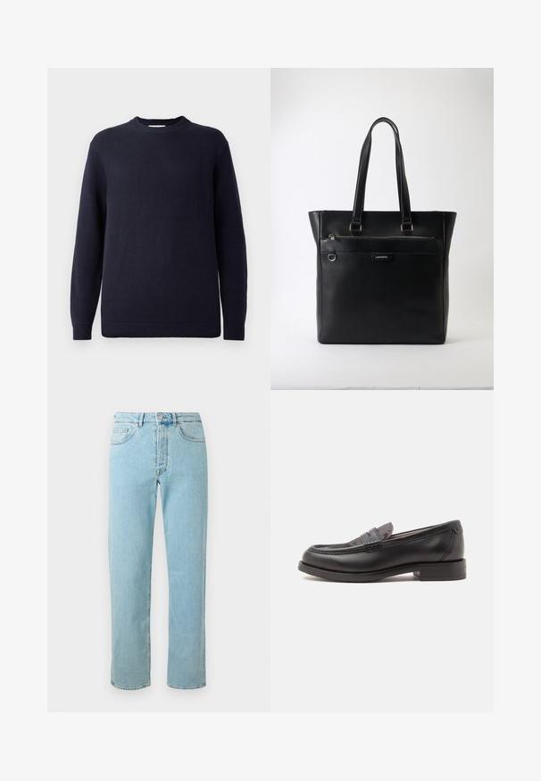 Marineblauwe gebreide trui met een ronde halslijn, geribbelde manchetten en zoom. Heeft een gestructureerd patroon door de stof heen.; Lichtblauwe denim jeans met een rechte pijp, uitgerust met vijf zakken, een ritssluiting en subtiele vervagingen door de stof.; Zwarte leren loafer met lage hak en gestructureerd bovenwerk, van opzij getoond op een effen lichte achtergrond.; Zwart getextureerde leren tote bag met twee handvatten, voorvak met ritssluiting, metalen ring en Lacoste-logo op een witte achtergrond.