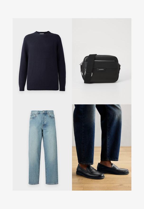 Marineblauwe gebreide trui met een ronde halslijn, geribbelde manchetten en zoom. Heeft een gestructureerd patroon door de stof heen.; Lichtblauwe denim jeans met een losse pasvorm, rechte pijpen, een vijfzakkenontwerp en een knoopsluiting bij de taille. Minimalistische stikdetails.; Zwarte leren instappers met gestikte details en textuurelementen, gedragen met donkerdenim, die een casual en gestroomlijnd ontwerp tonen.; Zwarte schoudertas van gestructureerd synthetisch materiaal, met zilverkleurige hardware, verstelbare schouderband, een logo plaat aan de voorkant en een ritsluiting.