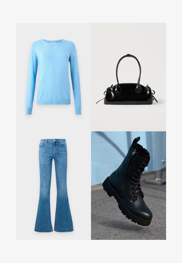Lyseblå strikket sweater med rund halsudskæring, lange ærmer og ribstrikkede manchetter. Blød tekstur, tætsiddende pasform og sømløs konstruktion.; Blå denim flared jeans med mellemhøj talje, der har fem lommer, en standard knaplukning og let falmning for struktur.; Sorte læder ankel støvler med snørebånd, sidelås, tekstureret overflade og en robust sål med fremtrædende slidbaner.; Lille sort blank håndtaske med to lange håndtag og snøre-detaljer i siden på en ensfarvet lys baggrund.