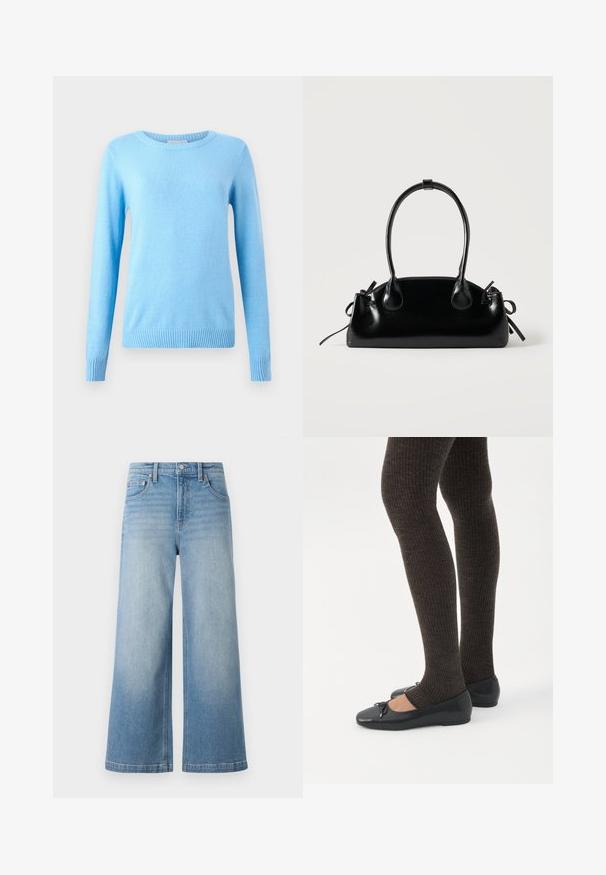 Lyseblå strikket sweater med rund halsudskæring, lange ærmer og ribstrikkede manchetter. Blød tekstur, tætsiddende pasform og sømløs konstruktion.; Lyseblå denim bredbenede jeans med høj talje, fem-lomme design, synlig syning og knappelukning foran.; Ben iført mørke ribbede leggings kombineret med sorte balletsko med små sløjfedetaljer på hvid baggrund.; Lille sort blank håndtaske med to lange håndtag og snøre-detaljer i siden på en ensfarvet lys baggrund.