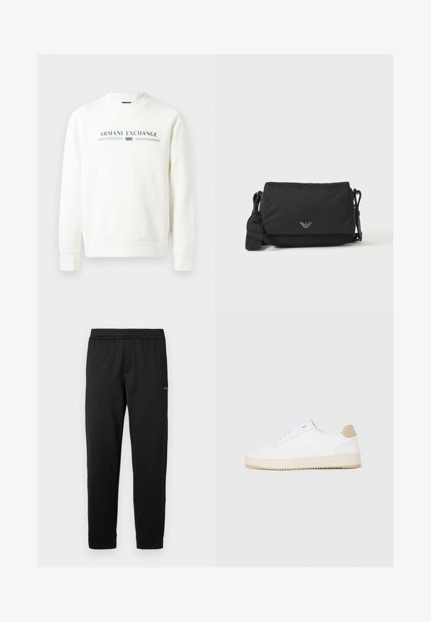 Sweatshirt blanc avec col rond, manches longues et poignets côtelés. Présente un logo imprimé "Armani Exchange 1991" en bleu et vert.; Pantalon de sport noir en tissu doux. Taille élastique et poignets élastiques. Présente un petit logo sur le côté. Coupe droite.; Baskets basses blanches avec un dessus en cuir texturé, semelle crémée à stries, et accent de talon tan. Présente des lacets blancs et un logo sur le talon.; Sac bandoulière noir avec sangle réglable et petit emblème logo argenté sur le rabat avant, présenté sur un fond clair uni.
