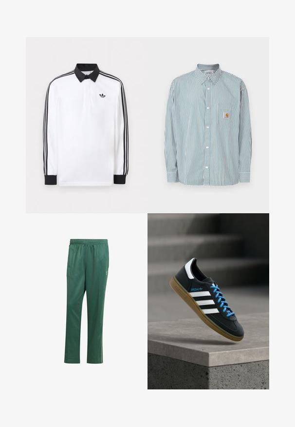 Hvid langærmet polo med sort krave, sorte manchetter, sort tre-stribet design på ærmerne og sort Adidas-logo på brystet.; Stribet skjorte i grøn og hvid med knappet krave, lange ærmer, brystlomme og et lille logomærke.; Grønne atletiske bukser lavet af glat stof, med elastisk talje, sidesømme og en lille logo-detalje på venstre ben.; Sort Adidas sneaker med hvide striber, blå snørebånd og gummisål, der svæver over gråt betontrin i blødt lys.