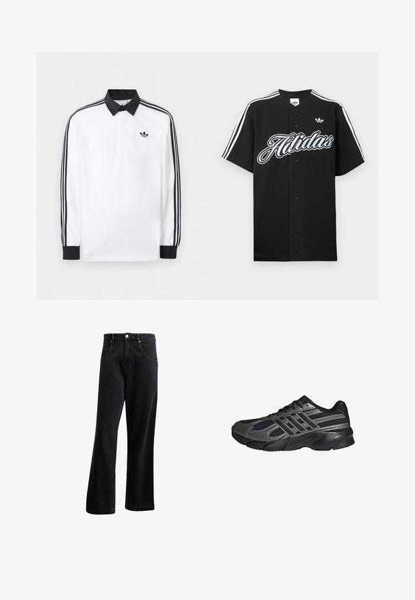 Witte lange mouwen polo met zwarte kraag, zwarte manchetten, zwart drie-strepen ontwerp op de mouwen en zwart Adidas-logo op de borst.; Zwart honkbalshirt met witte mouwen met drie strepen, een groot "Adidas"-logo op de voorkant en een klein logo op de borst. Gemaakt van zachte stof.; Zwarte denim jeans met een recht gesneden ontwerp, voorzien van voorzakken, een knoopsluiting en een lichte textuur. Inclusief een subtiele logo-detail.; Zwarte sportschoenen gemaakt van mesh en synthetische materialen, met een getextureerd oppervlak, meerdere grijze strepen en een gevoerde kraag.