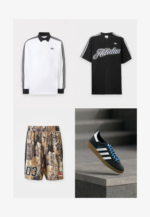 Valge pika varrukaga polosärk musta krae, mustade mansettide, varruka kolmetriipulise musta mustriga ja musta Adidas logo rinnal.; Must pesapalli särk, millel on valged kolm triibuga varrukad, suur "Adidas" logo ees ning väike logo rinnal. Valmistatud pehmest kangast.; Kameele šortsid elastse vöökohtaga, pruunide ja mustade toonide seguga, suured valged numbrid "03" ja punane Adidas logo.; Must Adidas toss valgete triibu, siniste paelte ja kummist tallaga, hõljuv pehme valgusega halli betoonastme kohal.