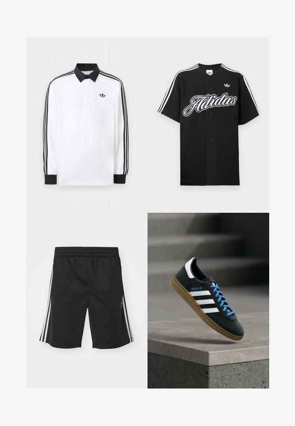 Hvid langærmet polo med sort krave, sorte manchetter, sort tre-stribet design på ærmerne og sort Adidas-logo på brystet.; Sort baseballtrøje med hvide tre-stribede ærmer, stort "Adidas"-logo foran og lille logo på brystet. Fremstillet af blødt stof.; Sorte sportsshorts med elastisk talje, med hvide sidestriber og en glat stofstruktur. Ingen yderligere dekorationer.; Sort Adidas sneaker med hvide striber, blå snørebånd og gummisål, der svæver over gråt betontrin i blødt lys.