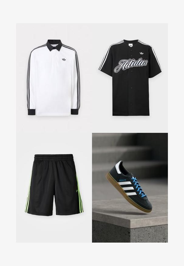 Valkoinen pitkähihainen pikeepaita, jossa musta kaulus, mustat hihansuut, musta kolmen raidan kuvio hihassa ja musta Adidas-logo rinnassa.; Musta baseball-paita, jossa on valkoiset kolmiraitaiset hihat, suuri "Adidas"-logo edessä ja pieni logo rinnassa. Valmistettu pehmeästä kankaasta.; Mustat urheilushortsit, joissa on joustava vyötärö, ja kummallakin puolella on kaksi pystysuoraa neonvihreää raitaa sekä pieni logo vasemmalla edessä.; Musta Adidas-tennari valkoisilla raidoilla, sinisillä nauhoilla ja kumipohjalla kelluu pehmeässä valossa harmaan betonisen portaan yllä.