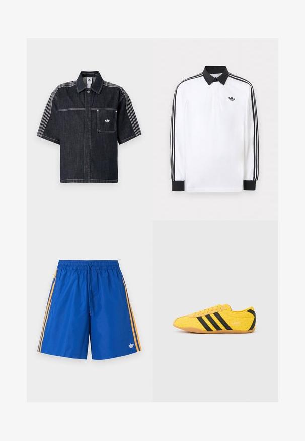 Hvid langærmet polo med sort krave, sorte manchetter, sort tre-stribet design på ærmerne og sort Adidas-logo på brystet.; Kortærmet mørk denimskjorte med hvide triple striber på ærmerne, brystlomme, sølvknap og Adidas trefoil-logo på lommen.; Blå atletikshorts med elastisk taljebånd, orange sidelister og lille hvid Adidas-logo på venstre ben.; Gul atletiksko med en tekstureret overdel, der har sorte striber og logo. Rundt tå, blød sål og zigzag-mønster på materialet.