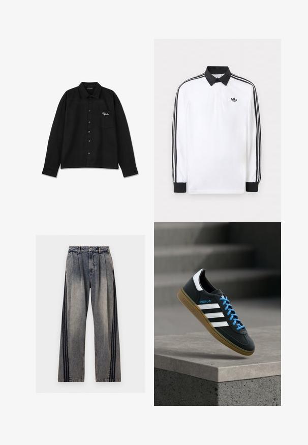 Valge pika varrukaga polosärk musta krae, mustade mansettide, varruka kolmetriipulise musta mustriga ja musta Adidas logo rinnal.; Must beed pikk, long varrukat, kootud kangast, millel on krae, nööbid ees, üks rinna tasku ja valge tikand logoga taskul.; Kõrge vöökohaga tuhmunud hallid denimpüksid, millel on voldid ja mustad vertikaalsed triibud iga jala välisküljel.; Must Adidas toss valgete triibu, siniste paelte ja kummist tallaga, hõljuv pehme valgusega halli betoonastme kohal.