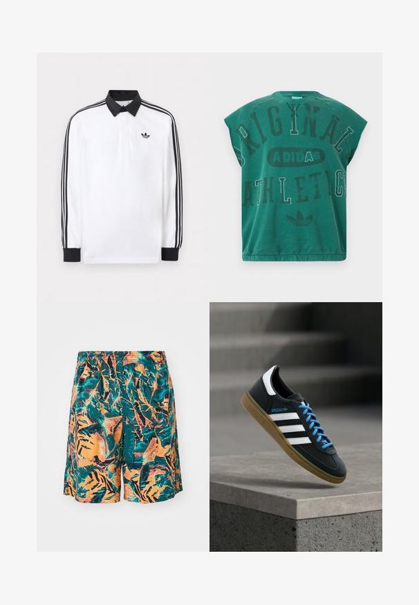 Valge pika varrukaga polosärk musta krae, mustade mansettide, varruka kolmetriipulise musta mustriga ja musta Adidas logo rinnal.; Roheline varrukateta Adidas top, mille esiküljel on suurte segafontidega trükitud "Original Athletics" ning all Adidas logo.; Ujumisšortid, millel on oranž, teal ja must džungli lehtede muster, valmistatud kergetest materjalidest, millel on mugav elastne vöökoht.; Must Adidas toss valgete triibu, siniste paelte ja kummist tallaga, hõljuv pehme valgusega halli betoonastme kohal.